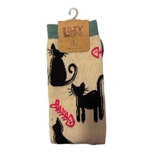 Lazy One Cream Socks with Black Cat and Pink Accents